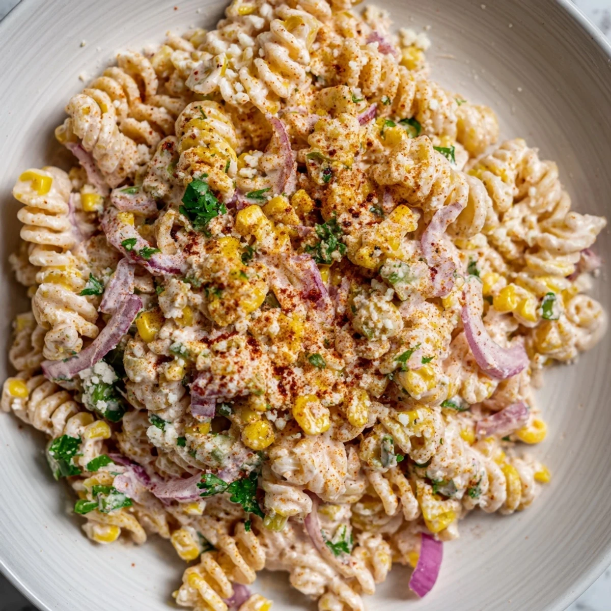 Imagine a bowl of zesty Creamy Street Corn Pasta Salad, perfect for any summer get-together.