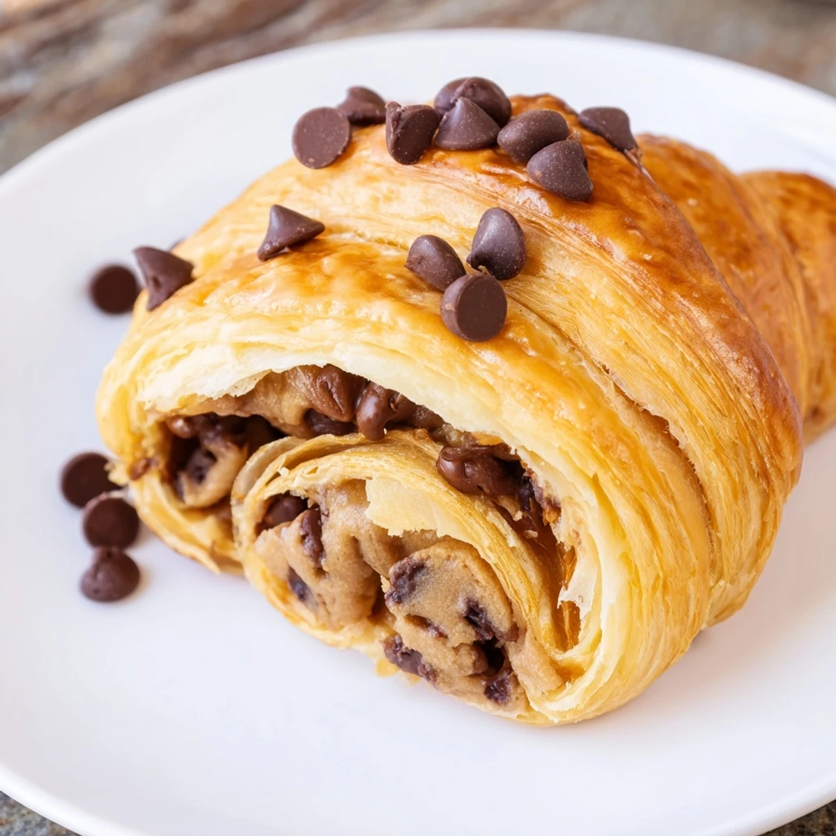 Warm, golden Chocolate Cookie Croissants with a gooey chocolate chip center, perfect for breakfast.