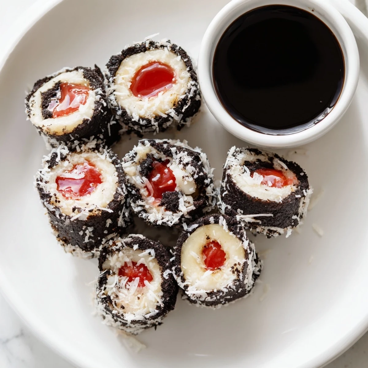 Luscious, colorful Oreo Cookie Sushi Rolls, ready to dip in rich chocolate sauce and enjoy.