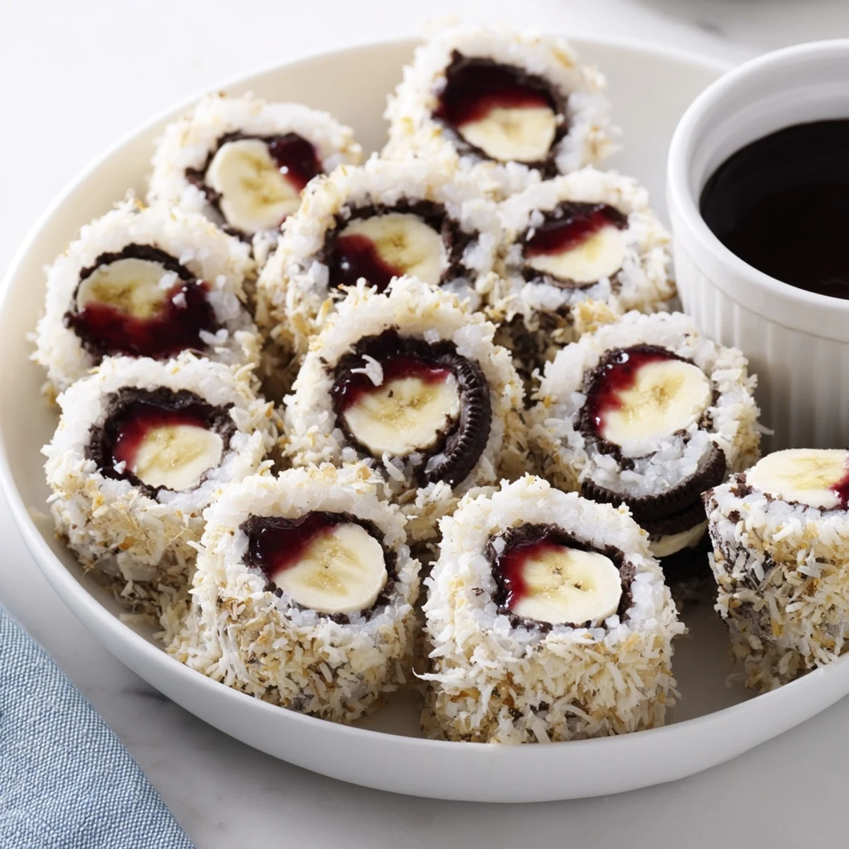 Sweet Oreo Cookie Sushi Rolls boast a creamy, cookie-crumb filling around a soft banana core.