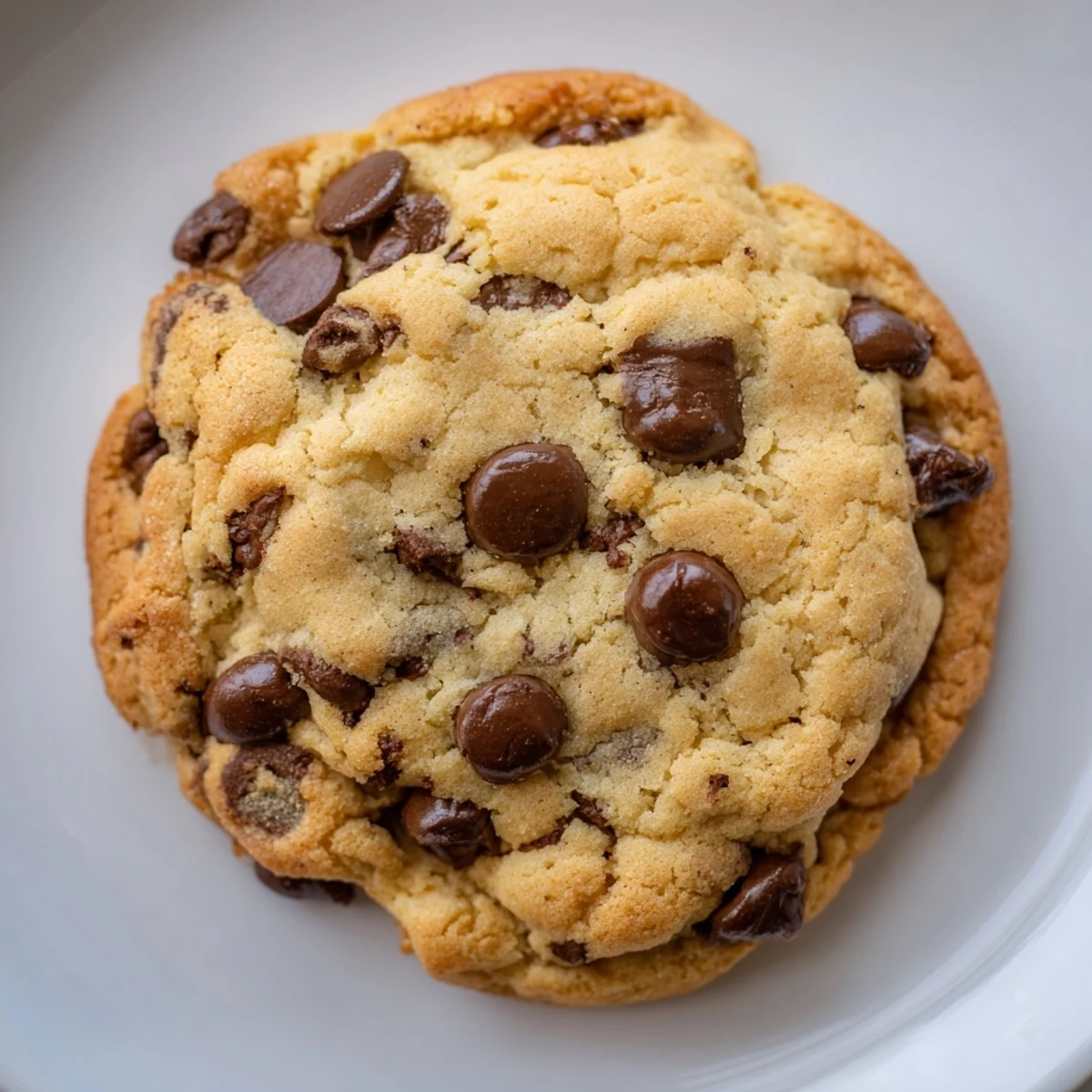 Golden-brown air-fryer chocolate chip cookies, still warm, with melty chocolate chips ready to eat!