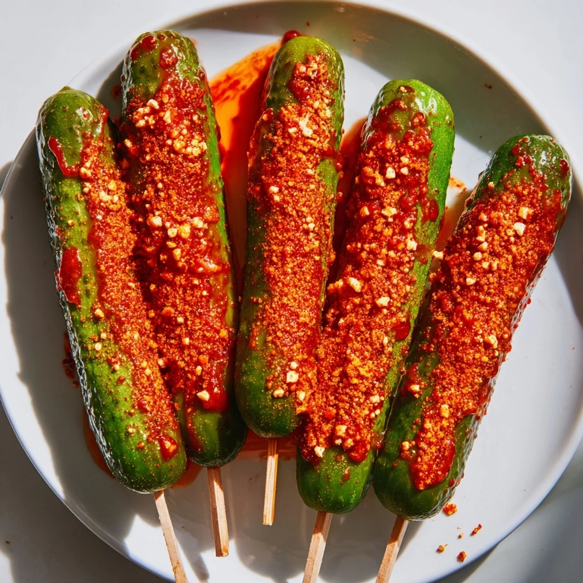 See the enticing close-up of these spicy Chamoy-Tajín pickle sticks, a perfect Mexican-inspired snack.