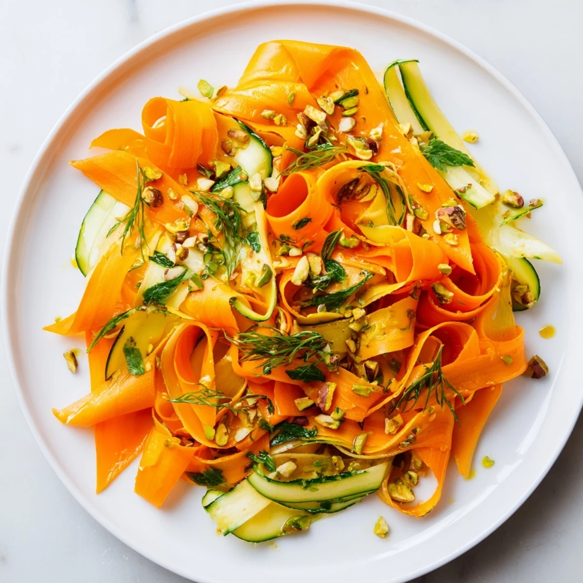 Bright Citrus Carrot Ribbon Salad with vibrant orange, lemon, and fresh herb garnishes, ready to eat!