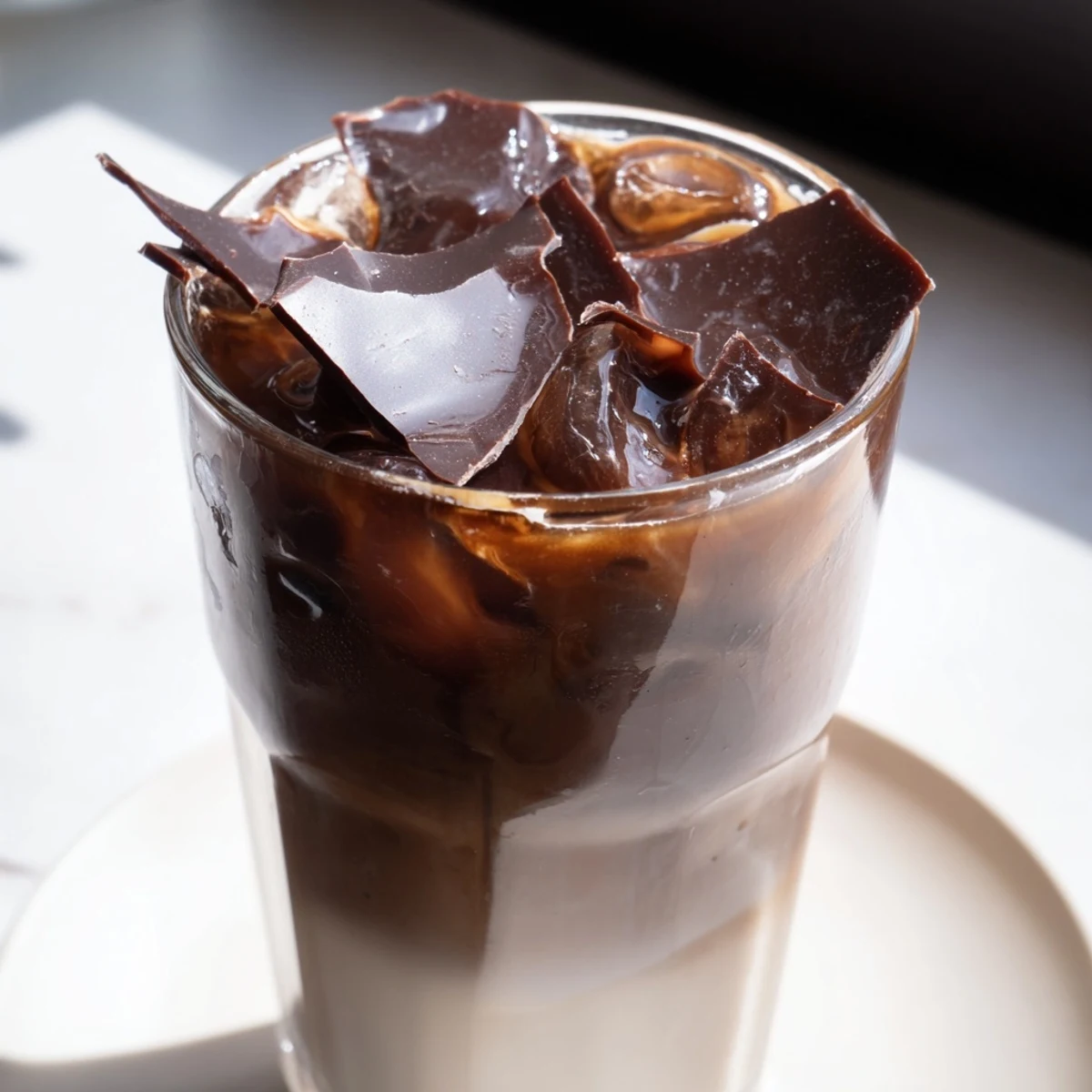 Enjoy a refreshing Chocolate Cracking Iced Latte; espresso, milk, ice, and rich chocolate blend.