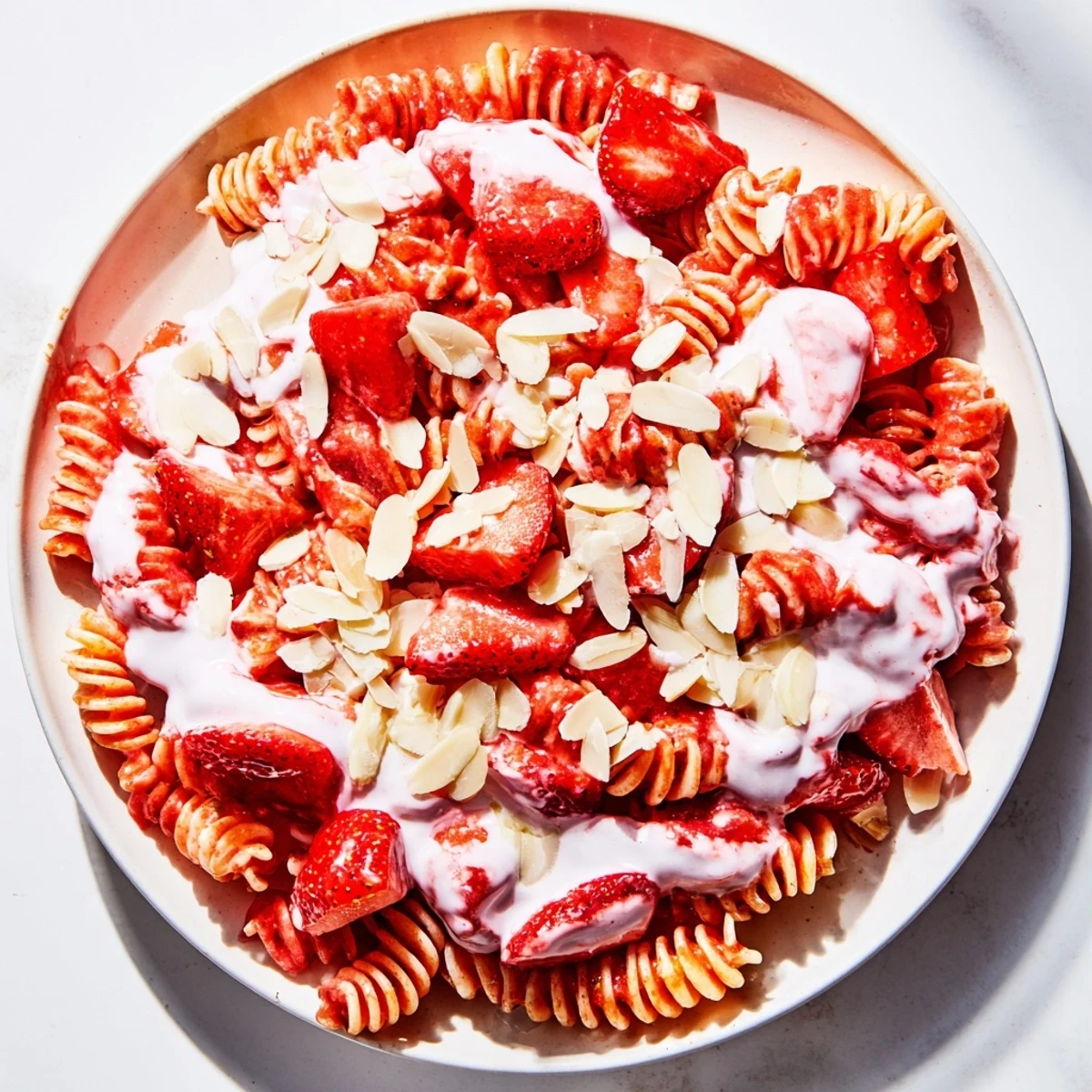 Sweet Strawberry Yogurt Pasta, a refreshing dish, has bright red strawberries resting atop creamy pasta.