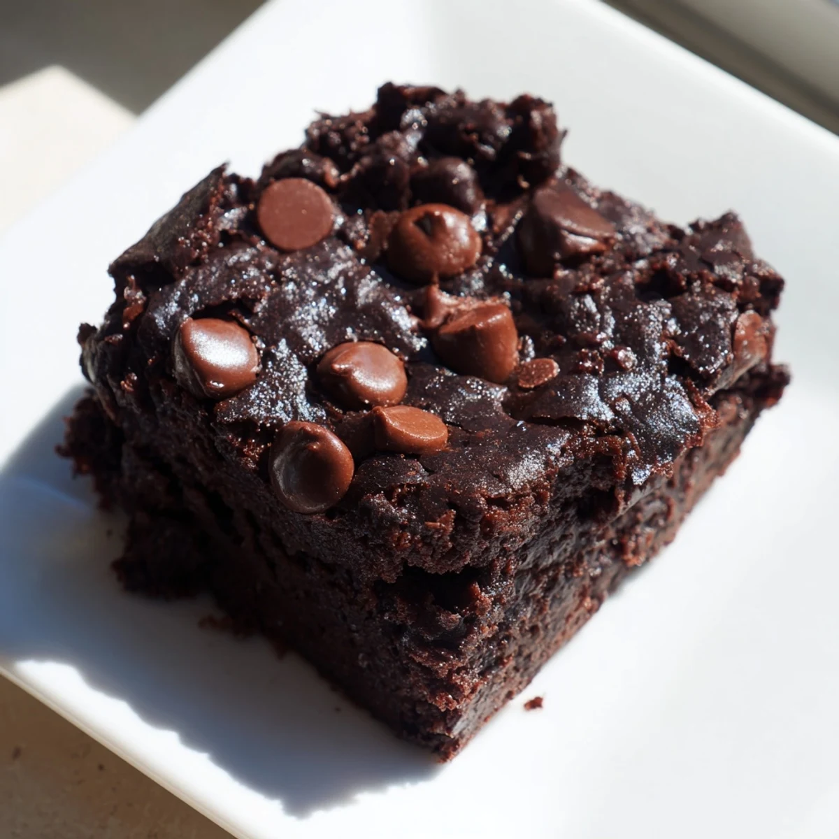 A square of decadent Greek yogurt brownies, boasting a moist center and chocolate chips.