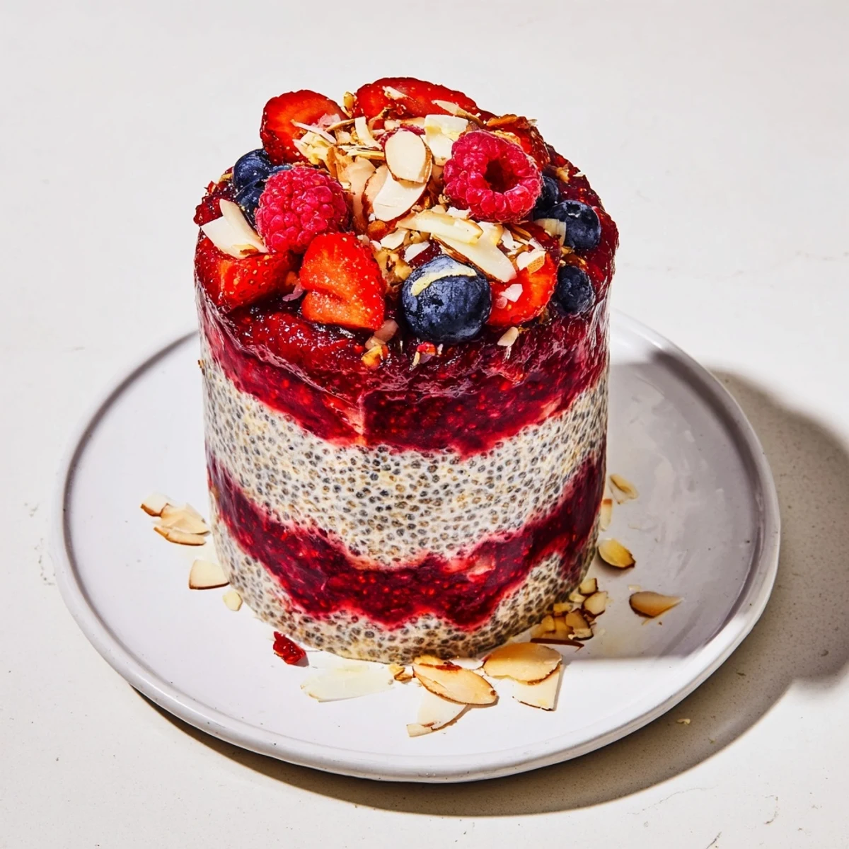Creamy Berry Chia Pudding, layered with vibrant compote and fresh berries for a refreshing breakfast.