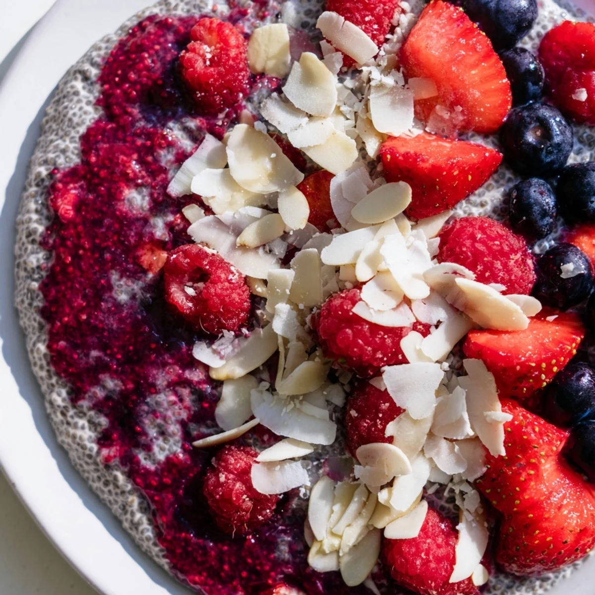 A close-up of Berry Chia Pudding, showing layers of chia seeds and juicy, mixed berries on top.