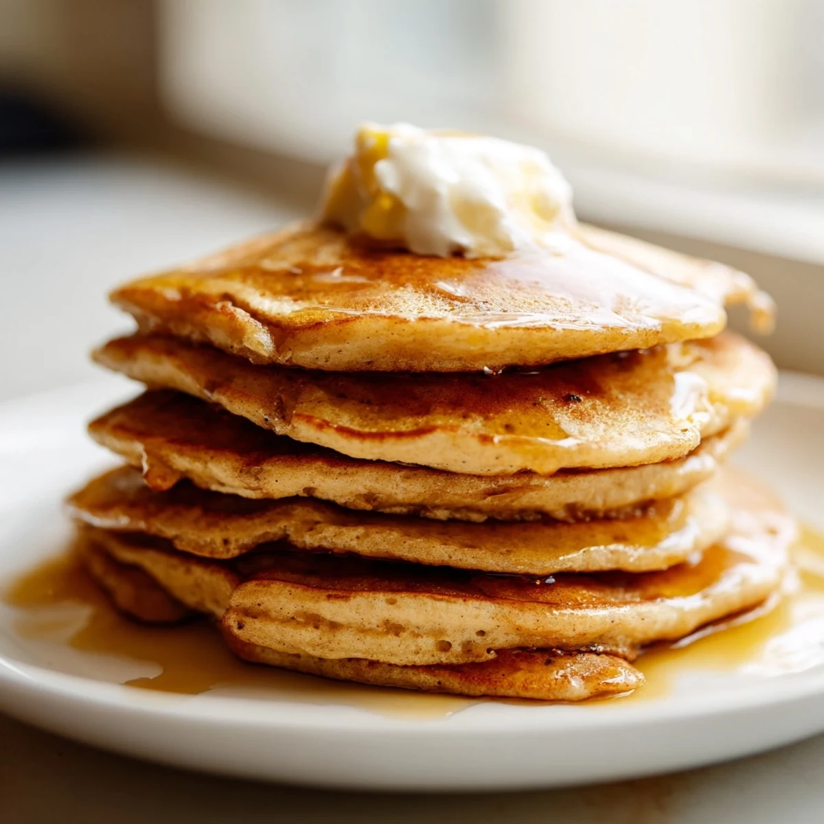 Golden Protein Banana Pancakes, fresh off the griddle, ready to be topped with fruit.