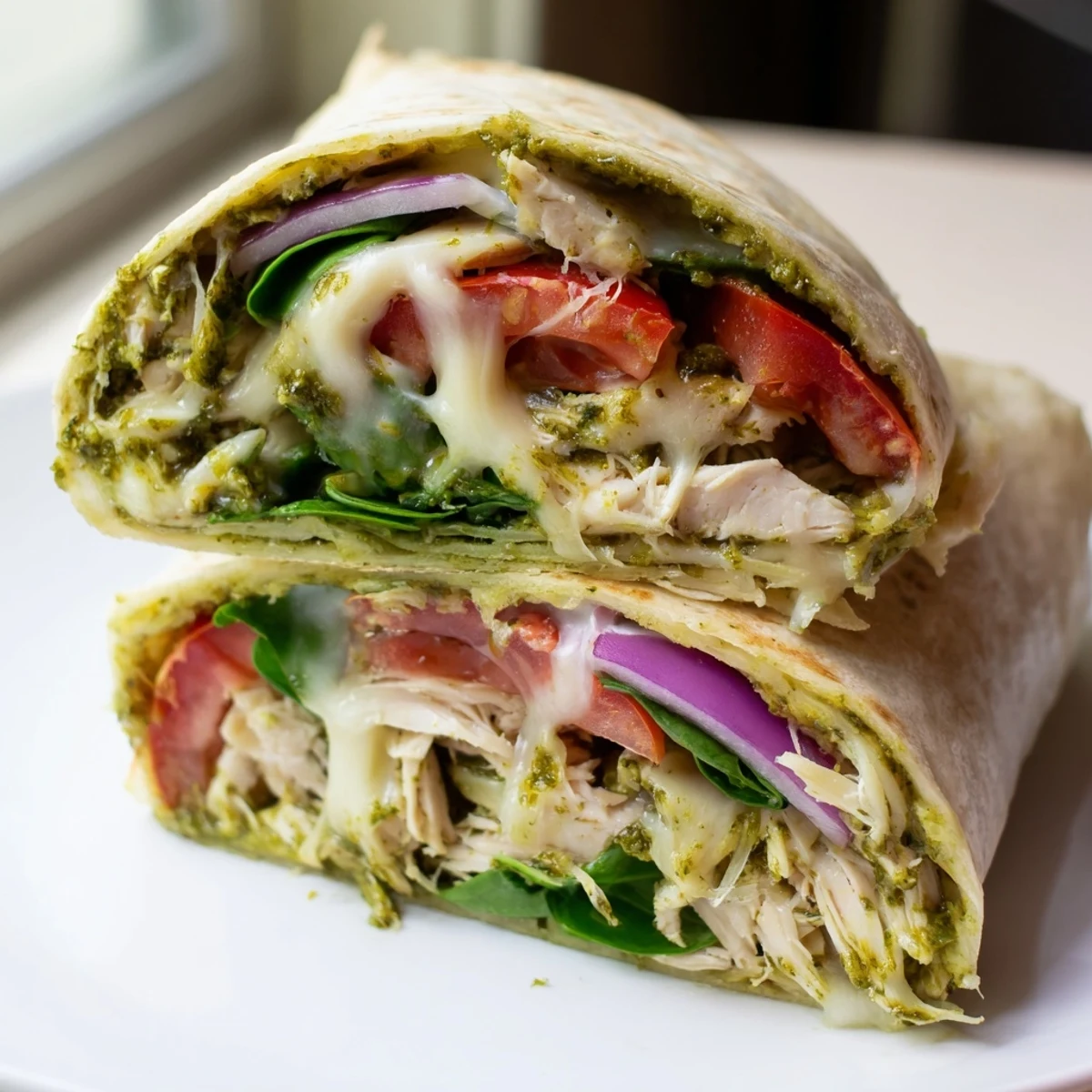Freshly made pesto chicken wrap, offering a flavorful Mediterranean meal, ideal for a quick bite.