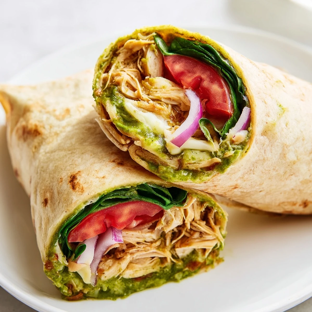 Delicious pesto chicken wrap, featuring shredded chicken with a zesty pesto flavor, ready to serve as lunch.