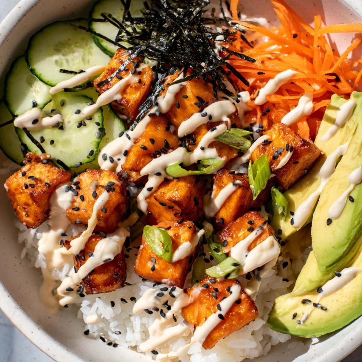 Savory and spicy Salmon Bites Bowl, appealingly arranged with avocado and a creamy sriracha drizzle.