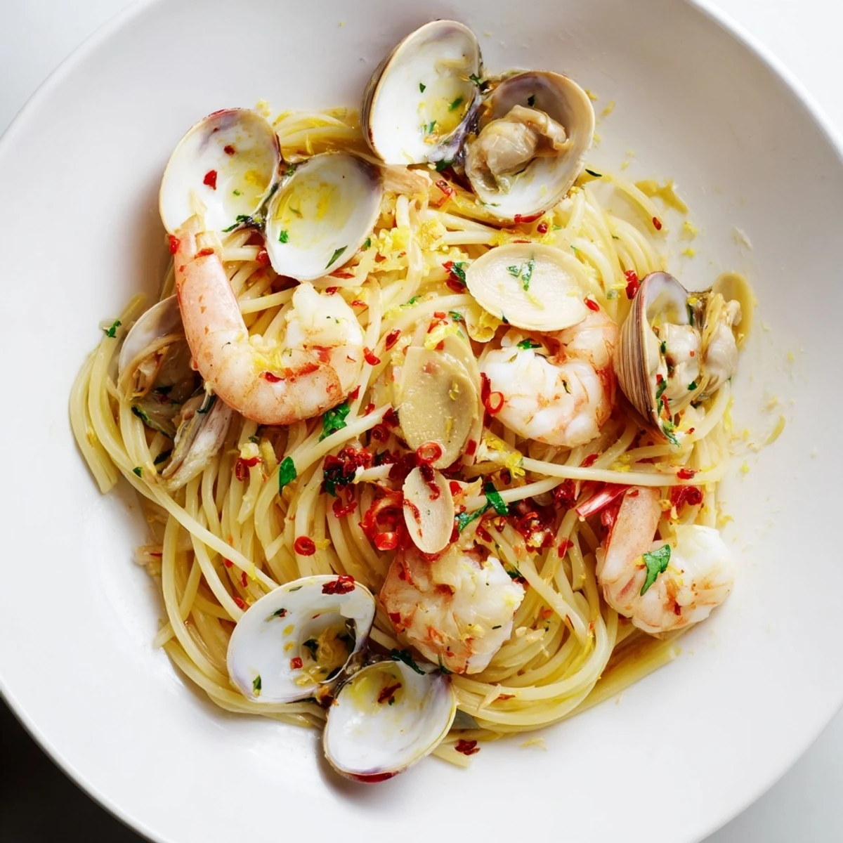 Vibrant Seafood Pasta Aglio e Olio with plump shrimp and tender clams, ready to enjoy.