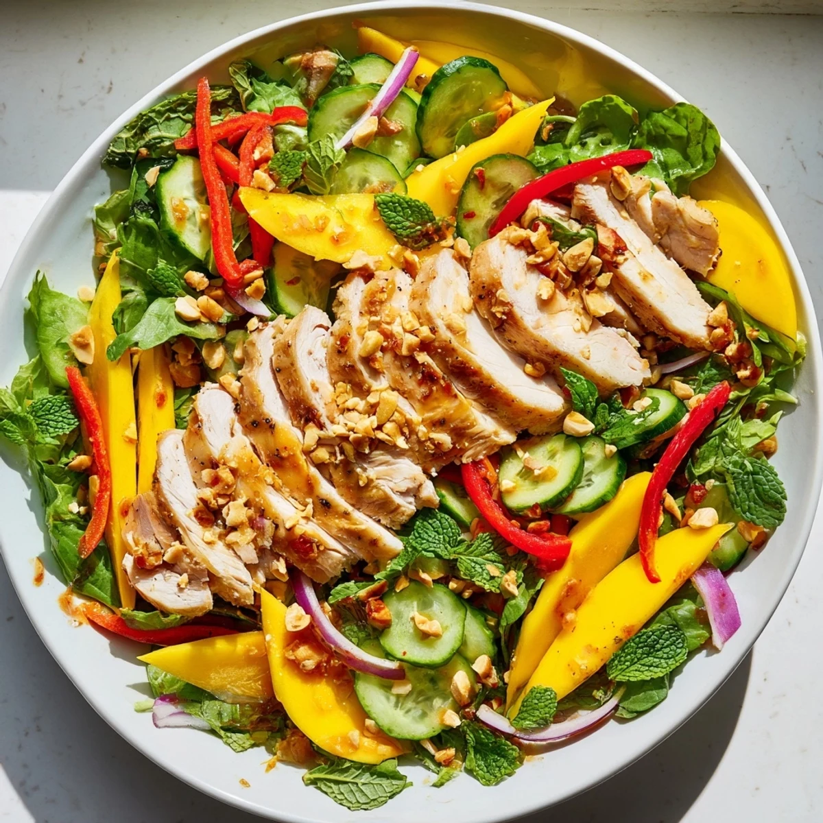 Thai Mango Chicken Salad overflowing with juicy mangoes, tender chicken, and vibrant herbs.