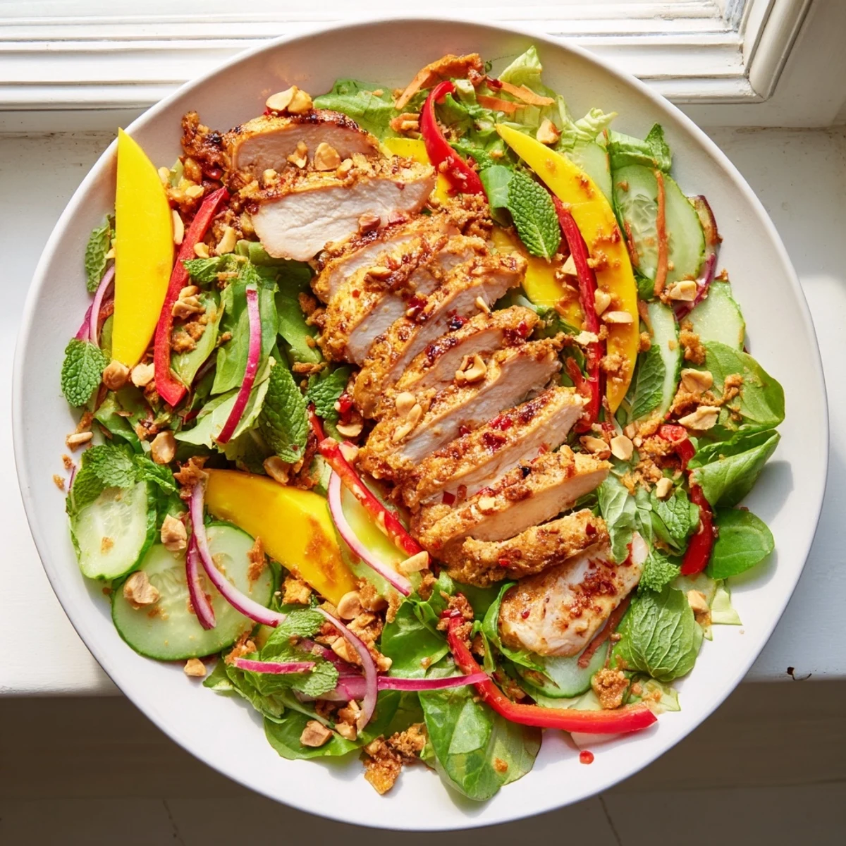 This colorful Thai Mango Chicken Salad features sliced chicken and a tangy, zesty lime dressing.