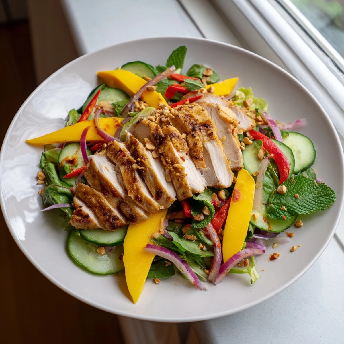 Enjoy a refreshing bite of Thai Mango Chicken Salad, a perfect blend of sweet, savory, and spicy flavors.