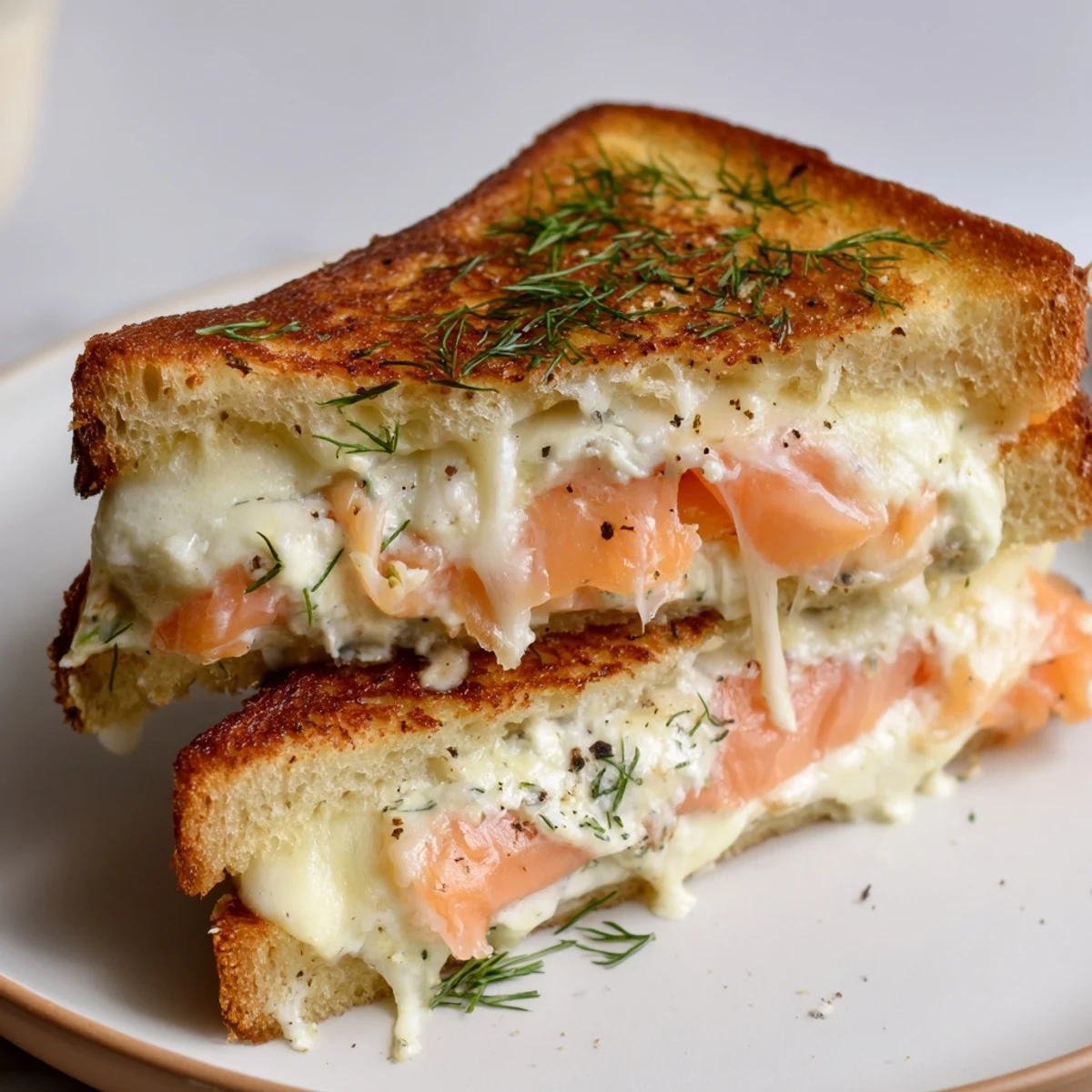 Golden, melty Smoked Salmon Grilled Cheese with flaky salmon and crisp, toasted bread.