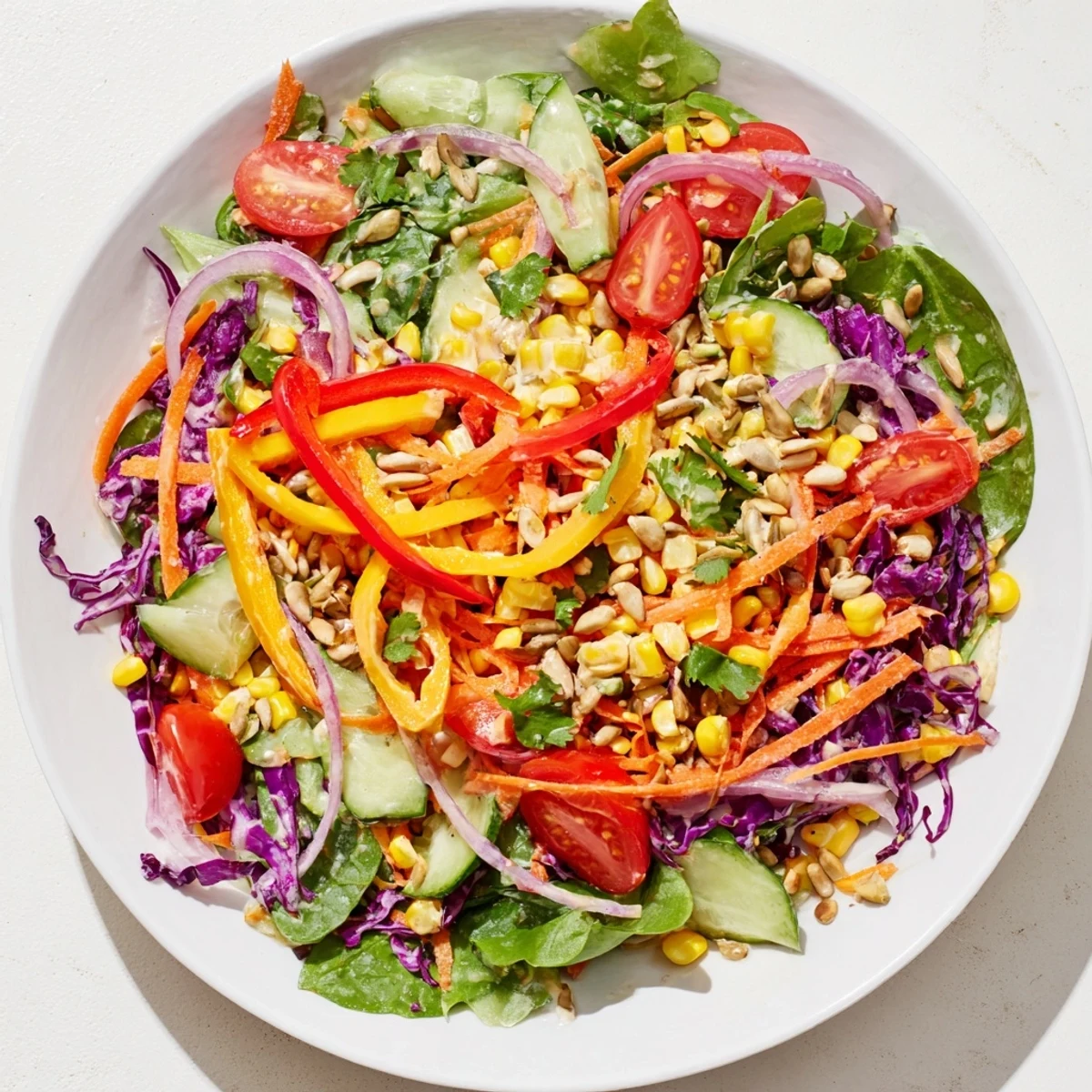Vibrant Rainbow Salad with colorful peppers, carrot ribbons, and tahini dressing, ready to enjoy.
