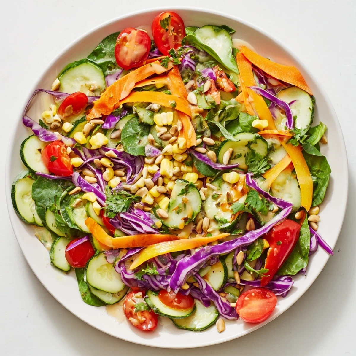 Fresh Rainbow Salad overflowing with crisp vegetables, finished with a creamy, delicious tahini.