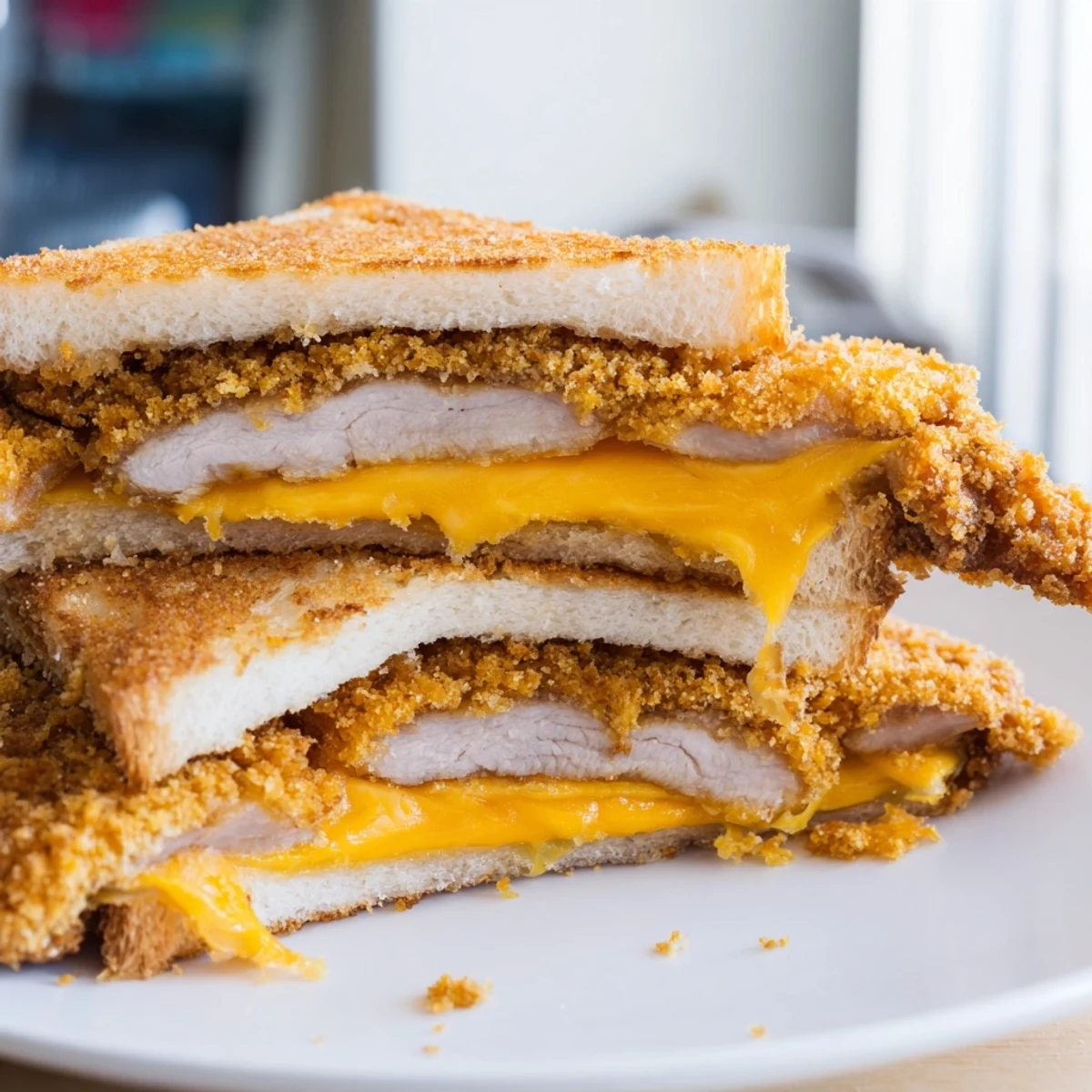 Golden, crispy panko pork chop grilled cheese oozing melted cheddar, a comforting American delight.