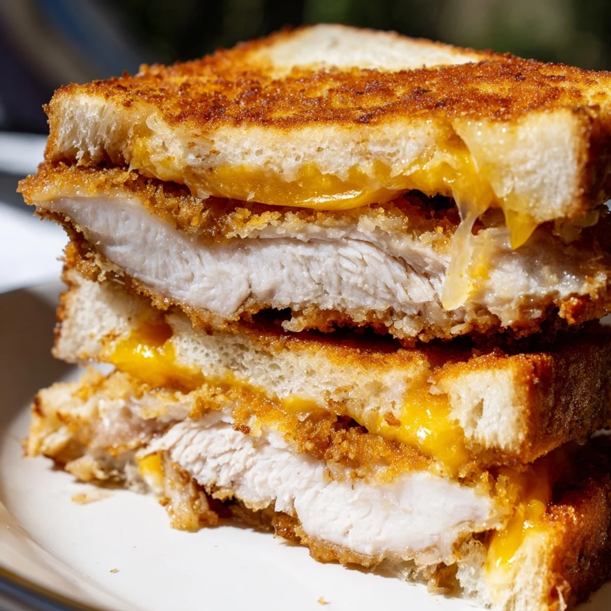 A close-up of a perfectly grilled panko pork chop grilled cheese, its buttery bread tempting.