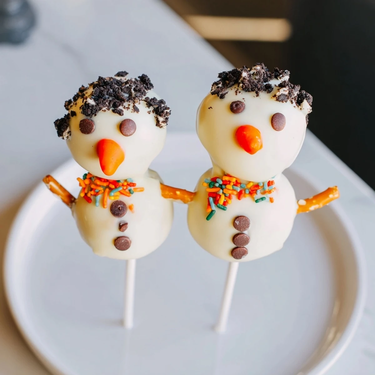 These sweet Oreo Snowman Cake Pops feature a melted white chocolate coating and adorable snowman faces.