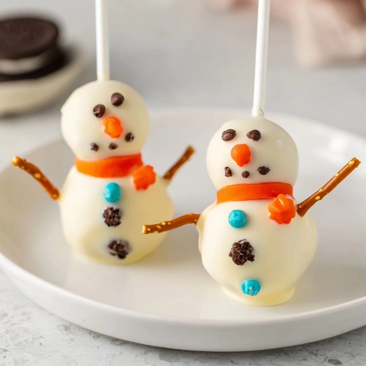 Imagine enjoying these cute Oreo Snowman Cake Pops, a delicious dessert with pretzel arms and smiling faces!