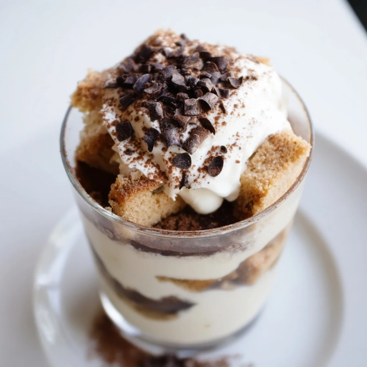 Close-up of elegant Deconstructed Tiramisu Shots, showcasing espresso-soaked ladyfingers & mascarpone cream.