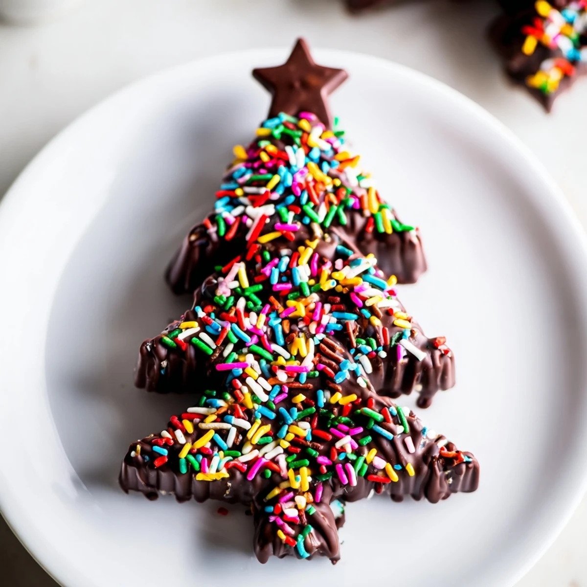 Chocolate Kinder Christmas Trees, a holiday dessert, sprinkled with festive glitter and served chilled.