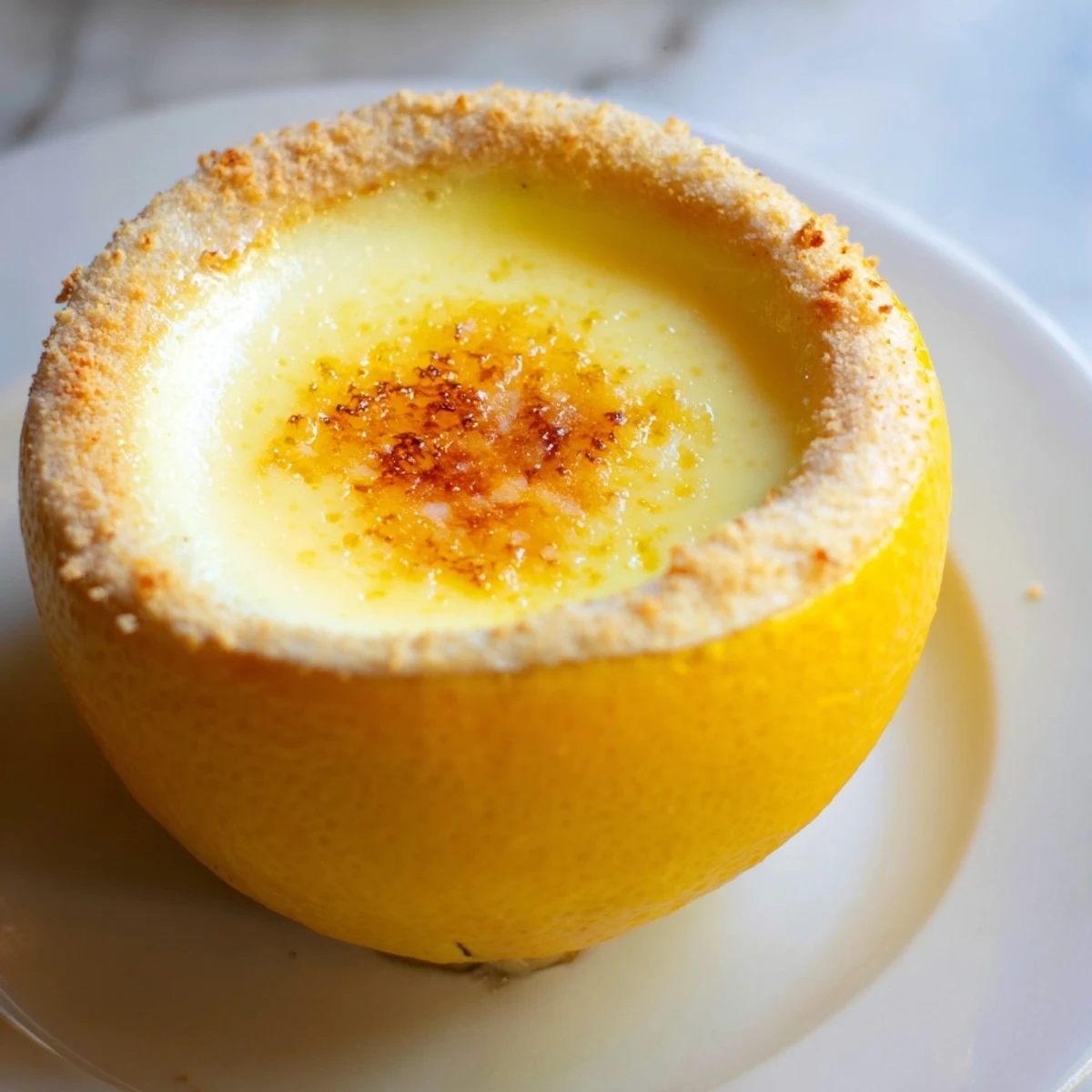 Silky Lemon Brûlée Posset in scooped lemon halves with glistening, caramelized sugar on top.