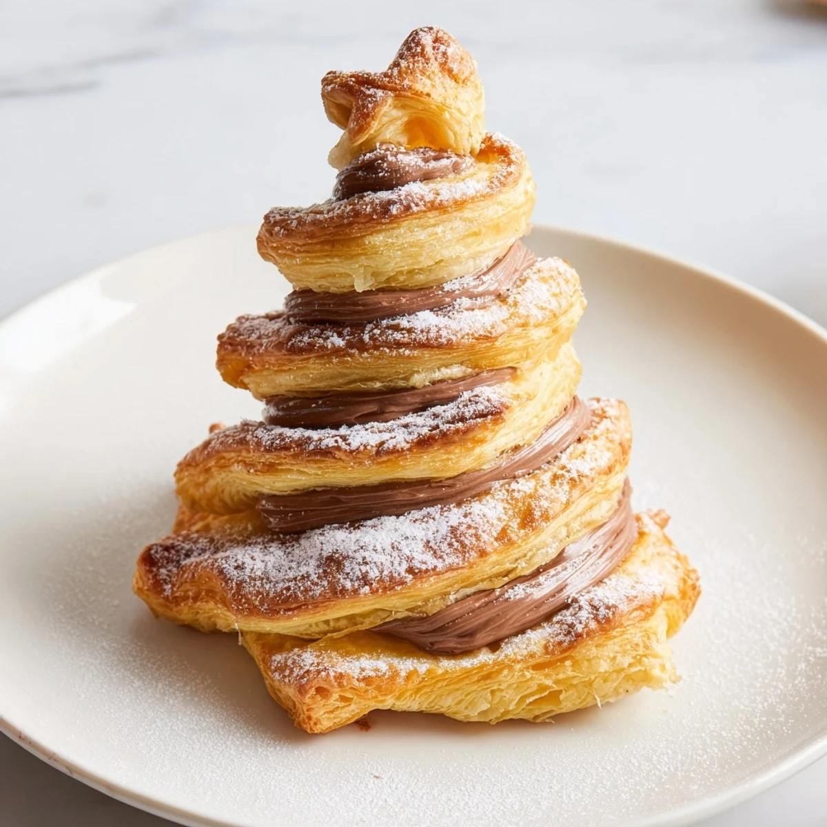 Golden Nutella Pastry Christmas Trees, baked until puffed and showing flaky layers filled with creamy Nutella.