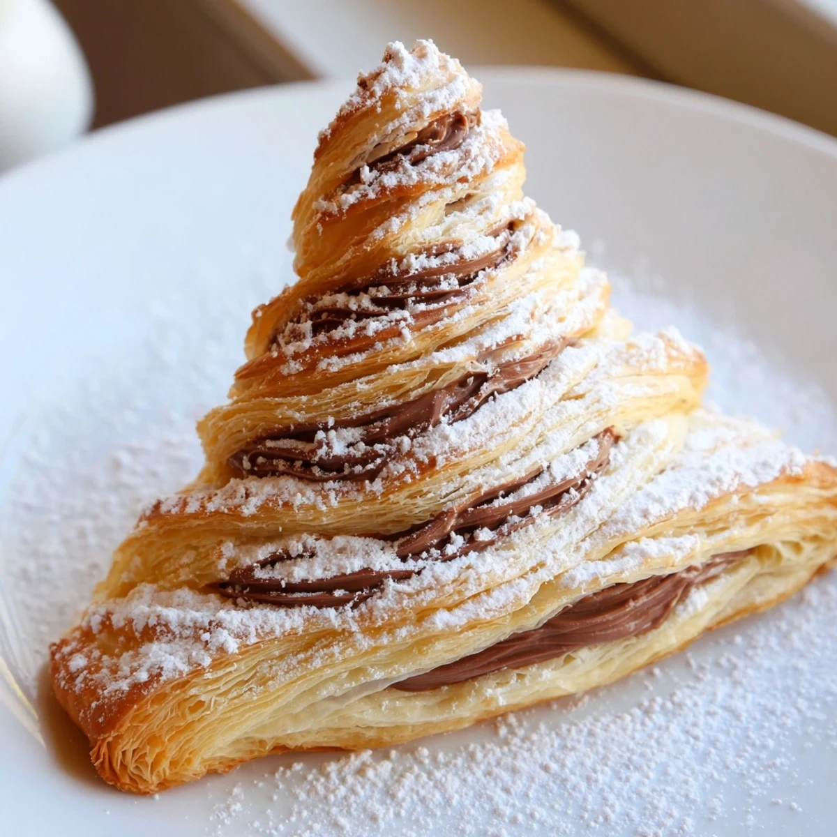 Festive Nutella Pastry Christmas Trees, dusted with powdered sugar, ready for a delicious holiday dessert.