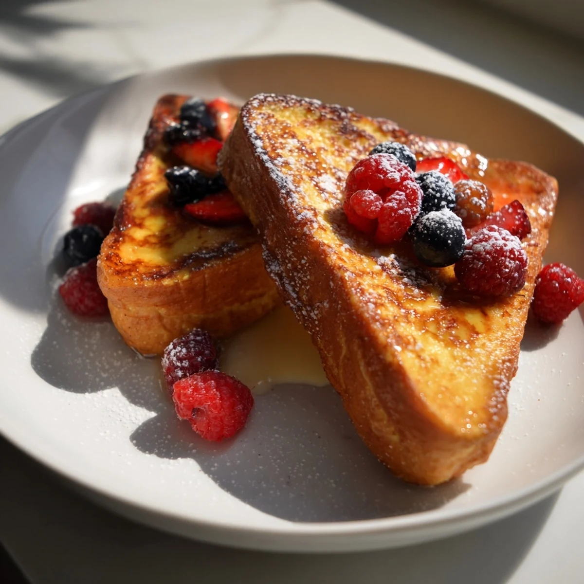 Golden-brown Ice Cream French Toast with caramelized edges, drizzled with sweet maple syrup.