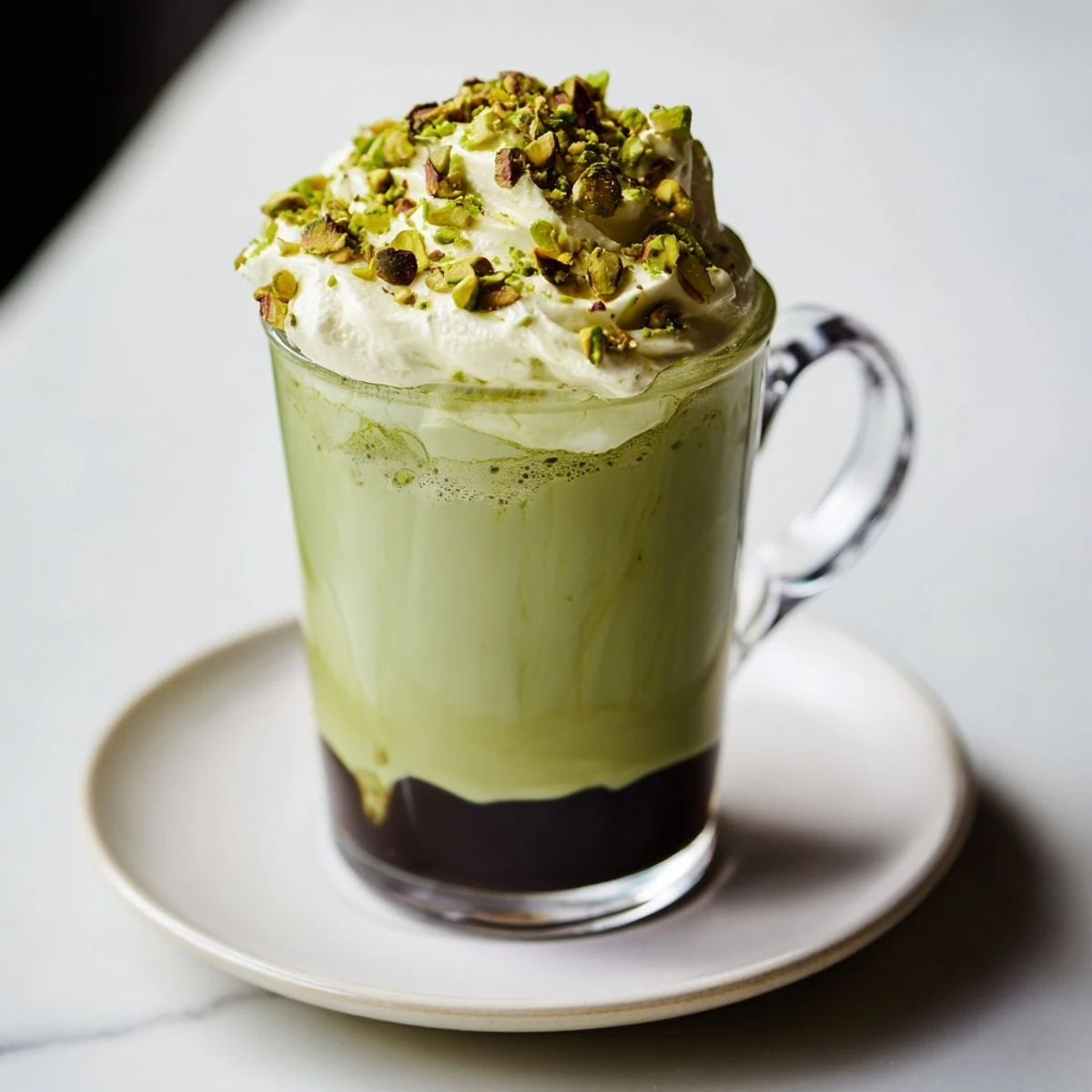 A close-up of a creamy homemade pistachio latte, perfect for a cozy afternoon treat.