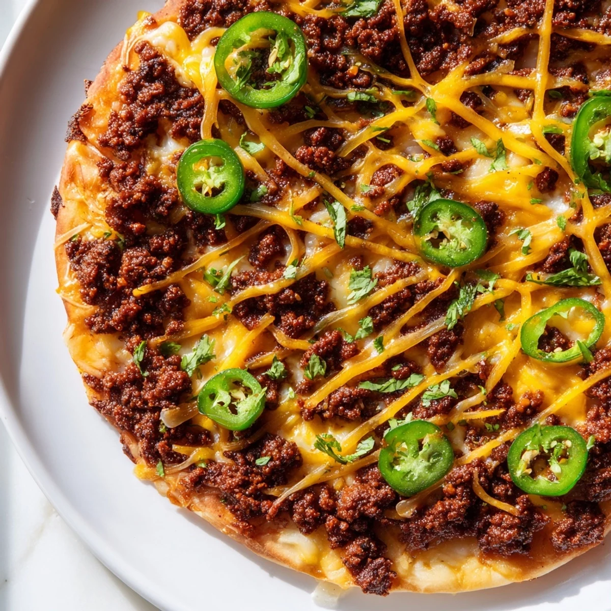 Spicy ground beef pizza base with bubbly cheese, a flavorful, fiery dish to enjoy.