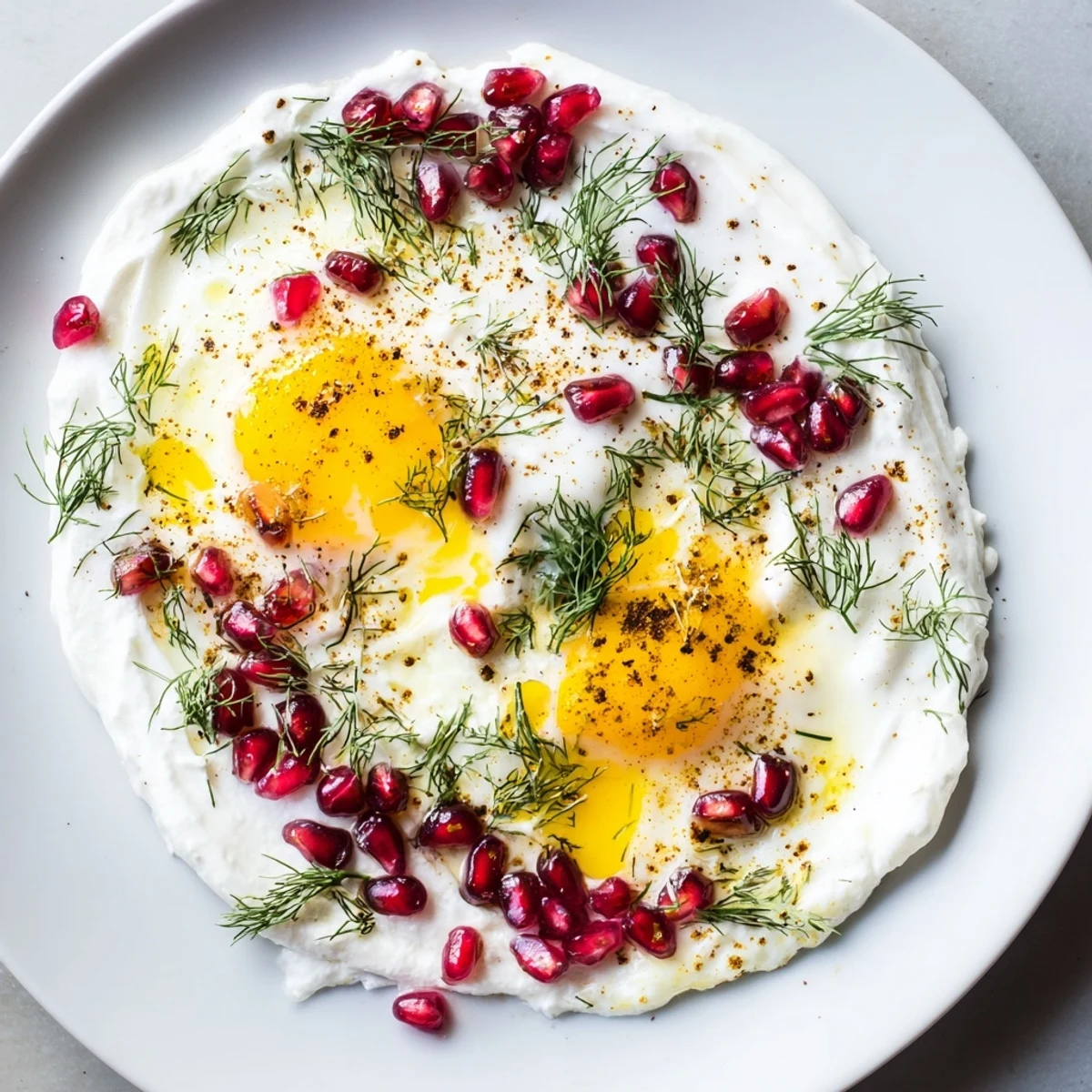Enjoy a close-up of delicious Çılbır, creamy eggs and yogurt, with bright red pomegranate.