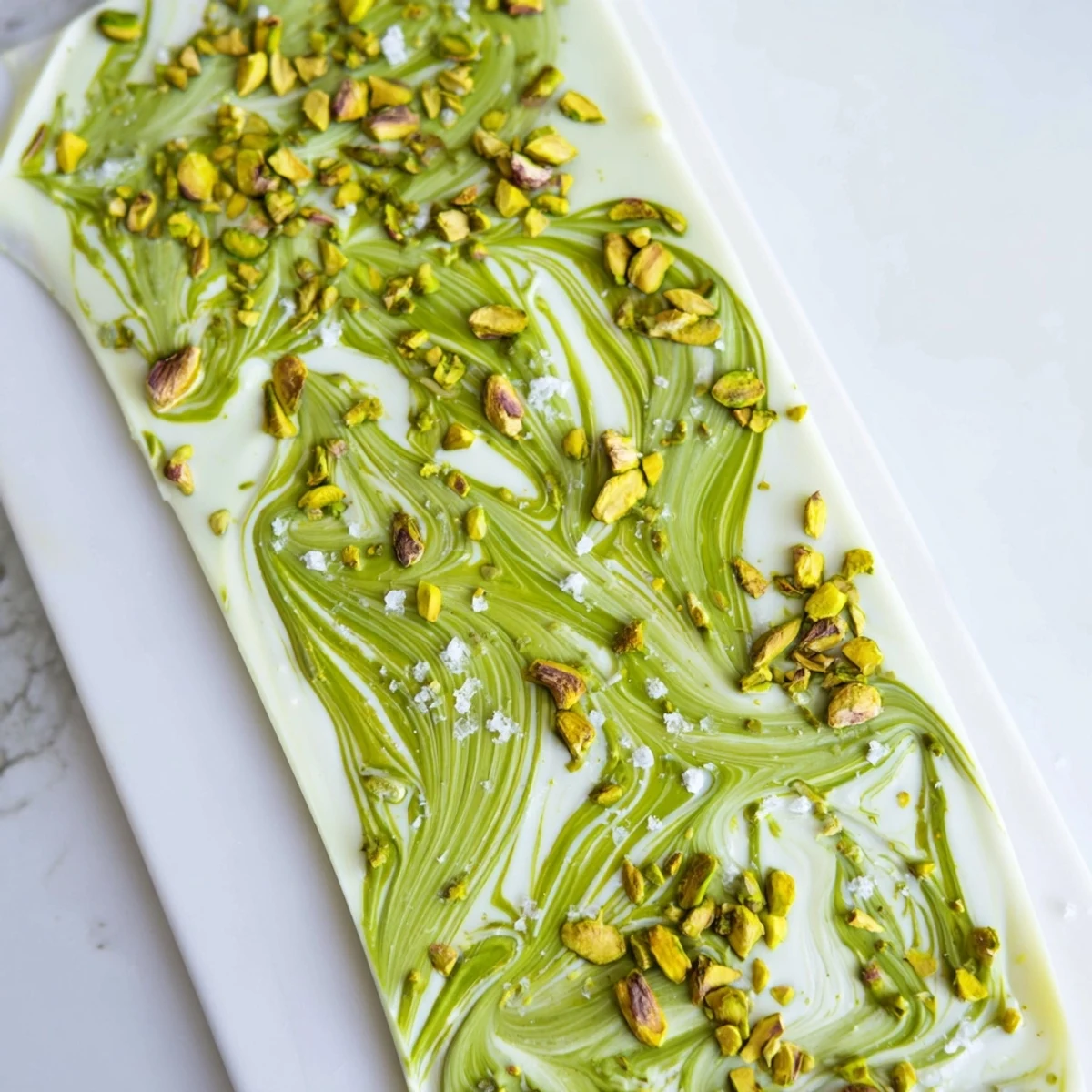 Creamy Pistachio Matcha White Chocolate bark swirled with vibrant green matcha and crunchy pistachios, ready to enjoy.
