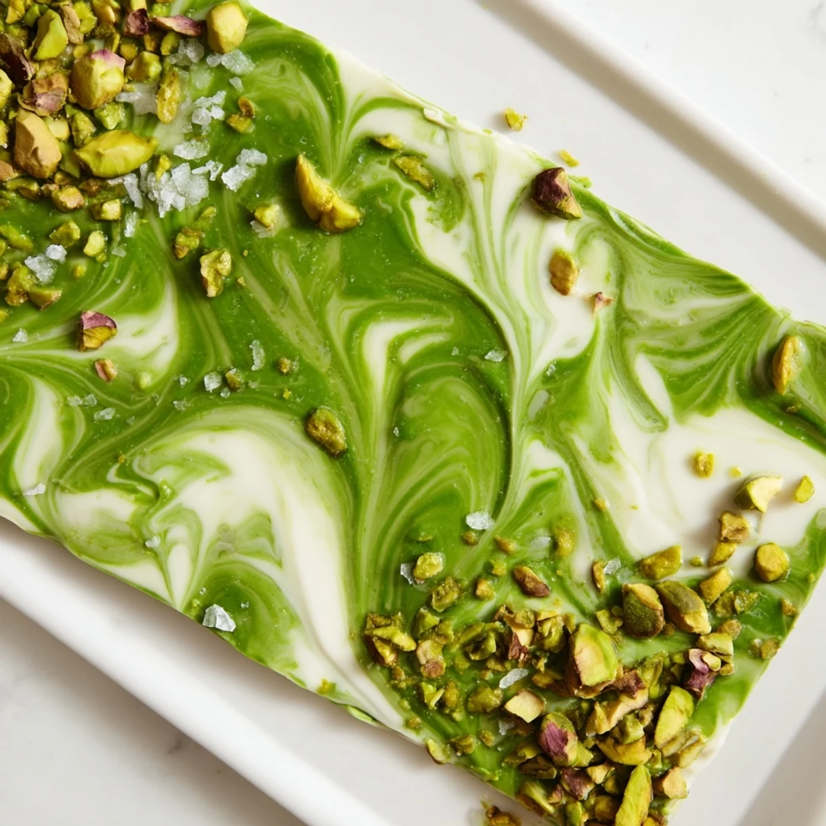 Crunchy pistachios sprinkled on fresh Pistachio Matcha White Chocolate, perfect for a decadent dessert.
