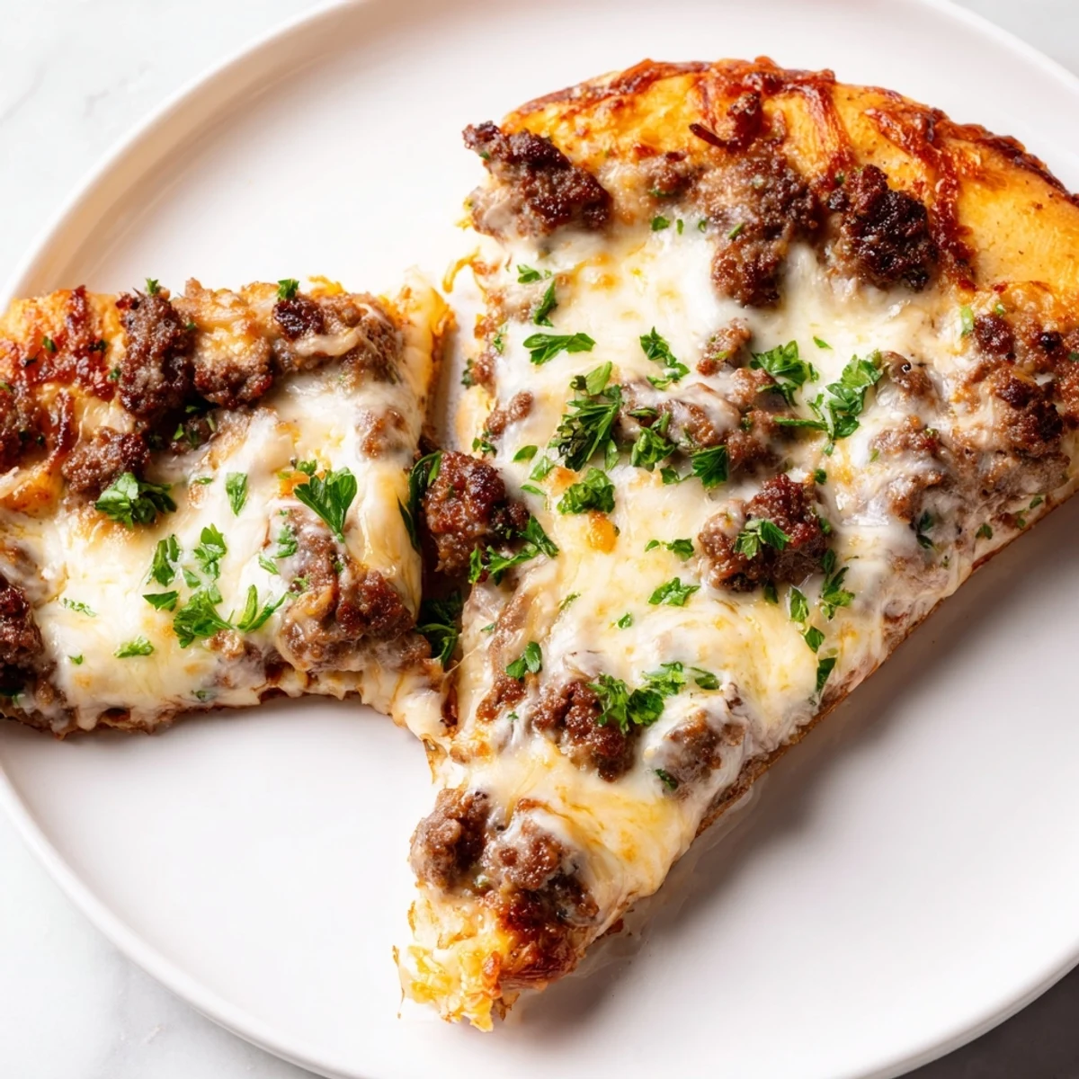Ground Beef Alfredo Pizza, a cheesy delight with browned beef and creamy Alfredo sauce.