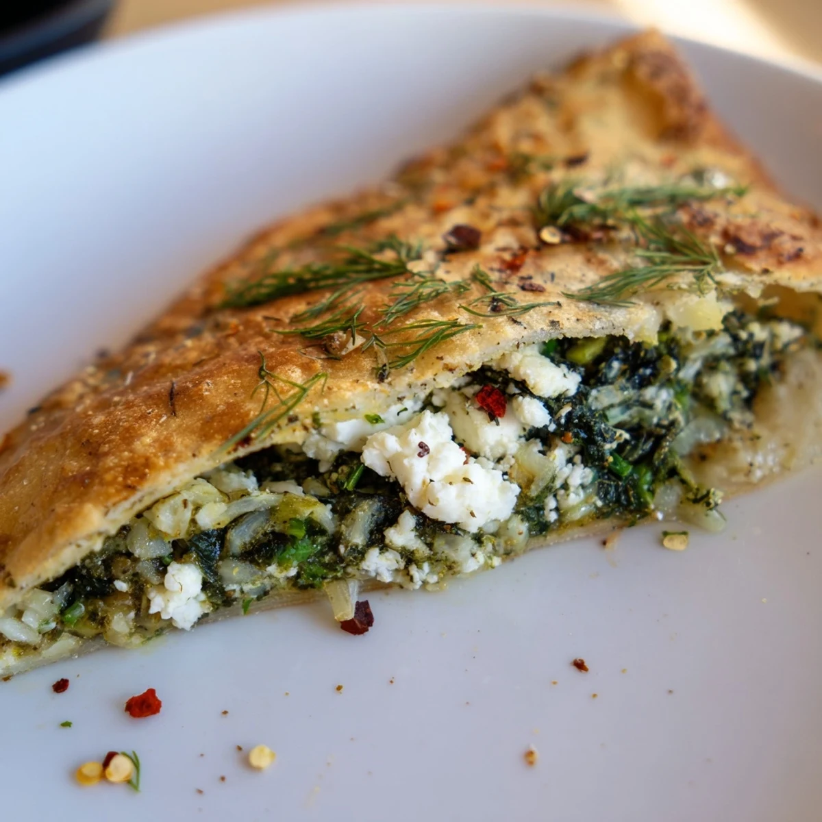 Golden-brown Turkish Spinach & Feta Flatbread, filled with a savory spinach and feta mixture.