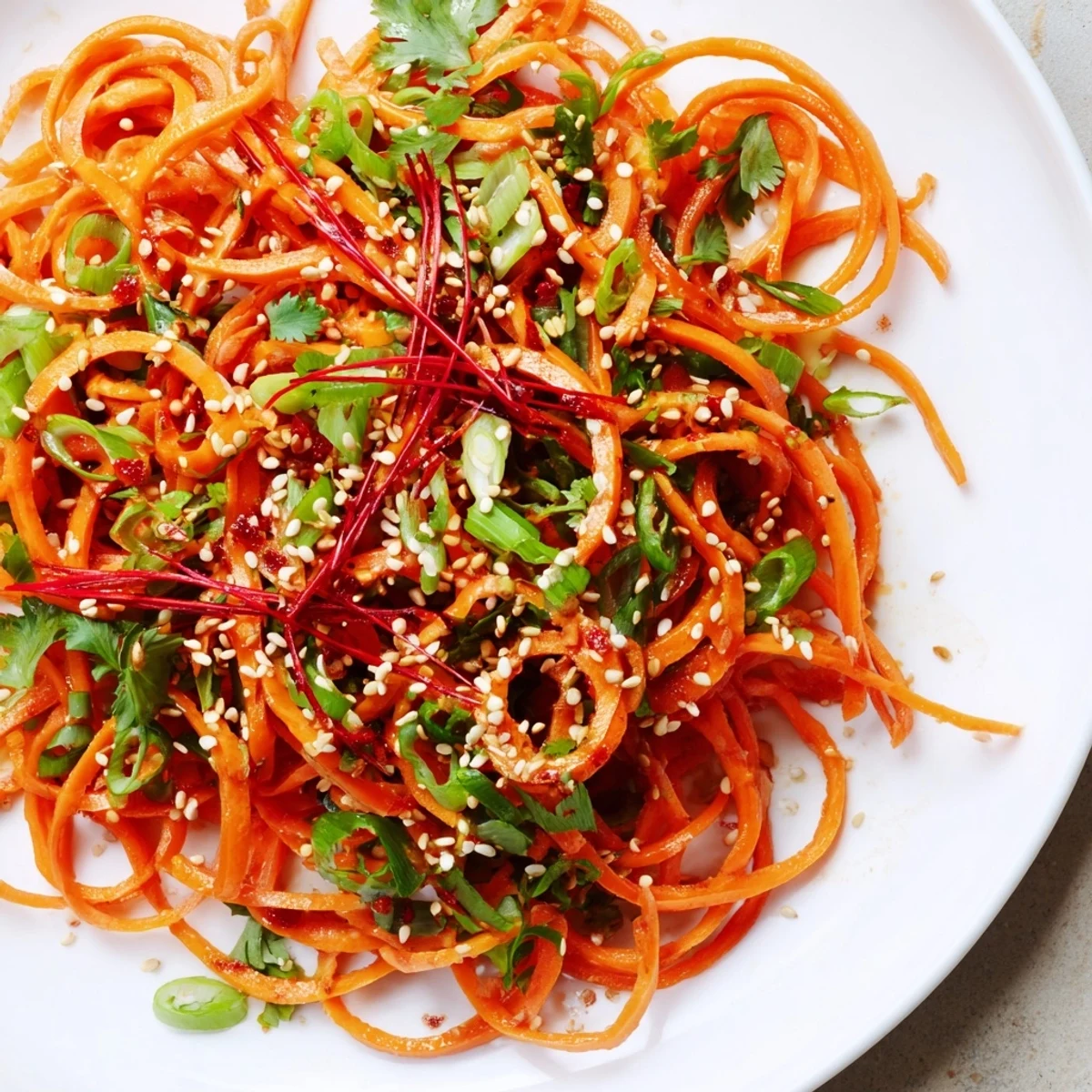 Fresh spiralized carrot ribbons glisten with savory soy-sesame dressing, topped with toasted sesame seeds and cilantro in this vibrant Asian-Style Carrot Ribbon Salad.