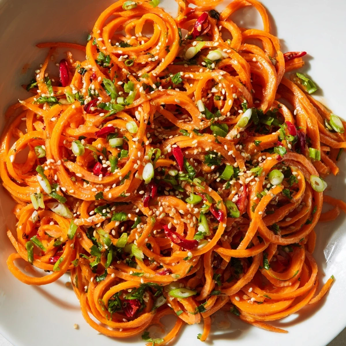 Plated as a light side dish, this Asian-Style Carrot Ribbon Salad offers a refreshing crunch, finished with sesame seeds and a squeeze of lime.