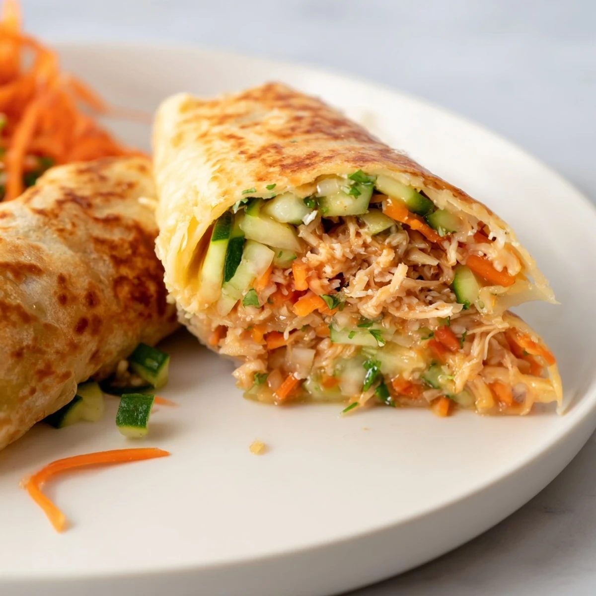 Close-up of a Garlicky Pulled Chicken Wrap with steam rising, revealing succulent garlic-butter chicken wrapped in delicate, crisp rice paper for a flavorful bite.