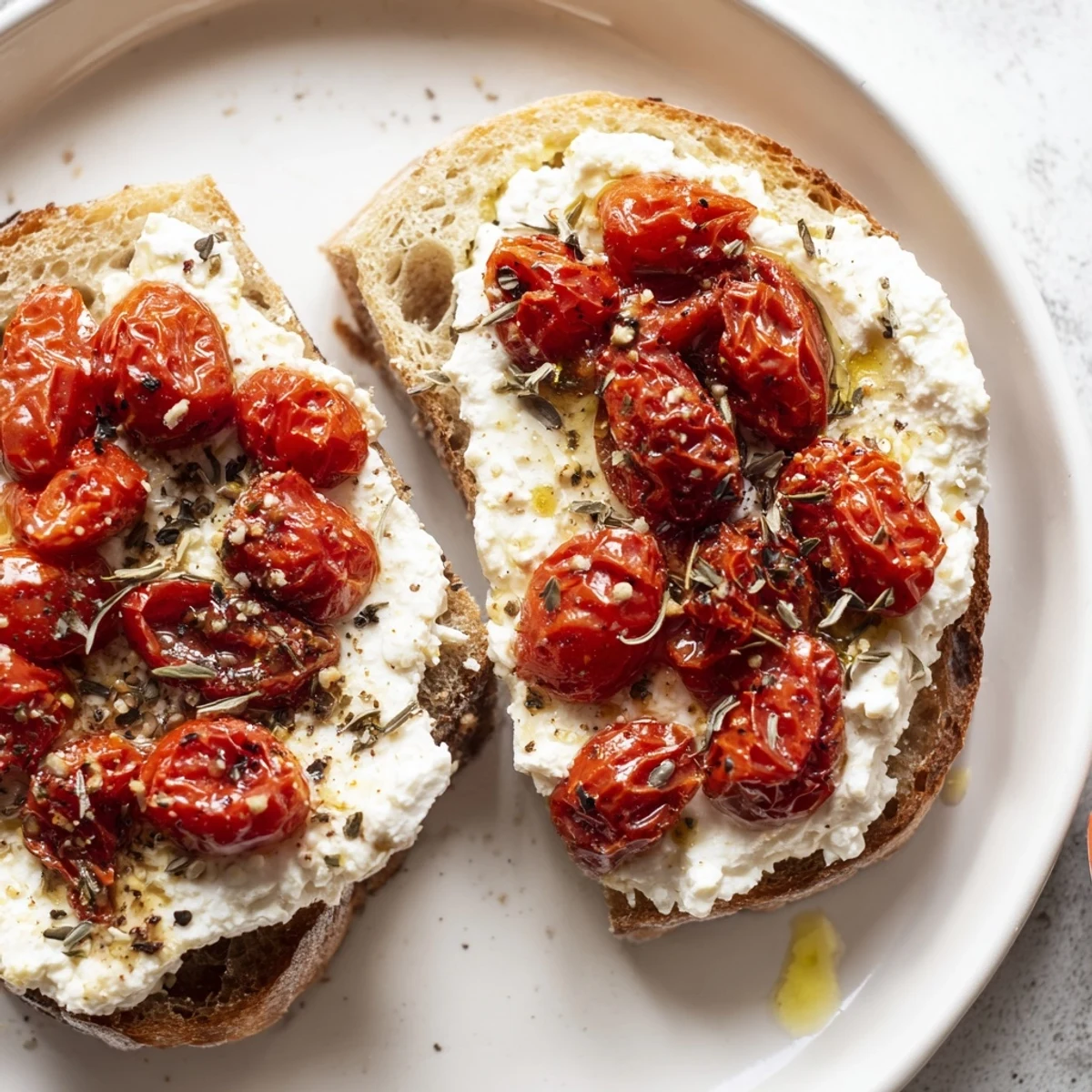 A close-up of golden Baked Feta Toast on a rustic board, with juicy roasted cherry tomatoes and fresh basil.