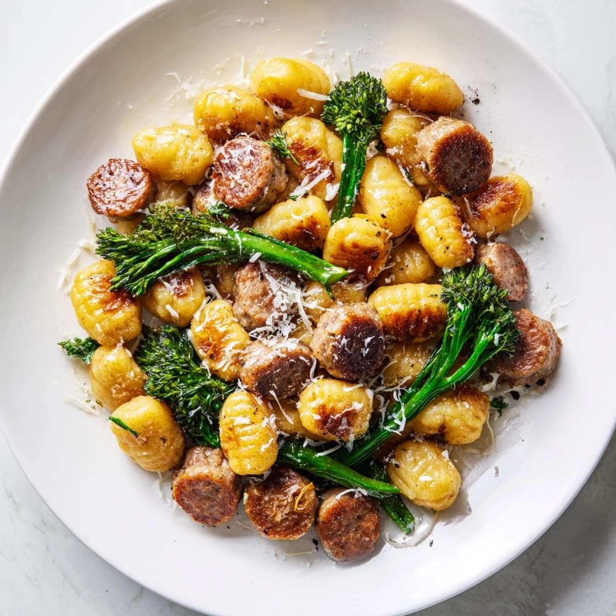 Golden-brown, crispy sheet pan gnocchi bake with savory sausage and tender broccolini, topped with melted Parmesan and fresh basil.