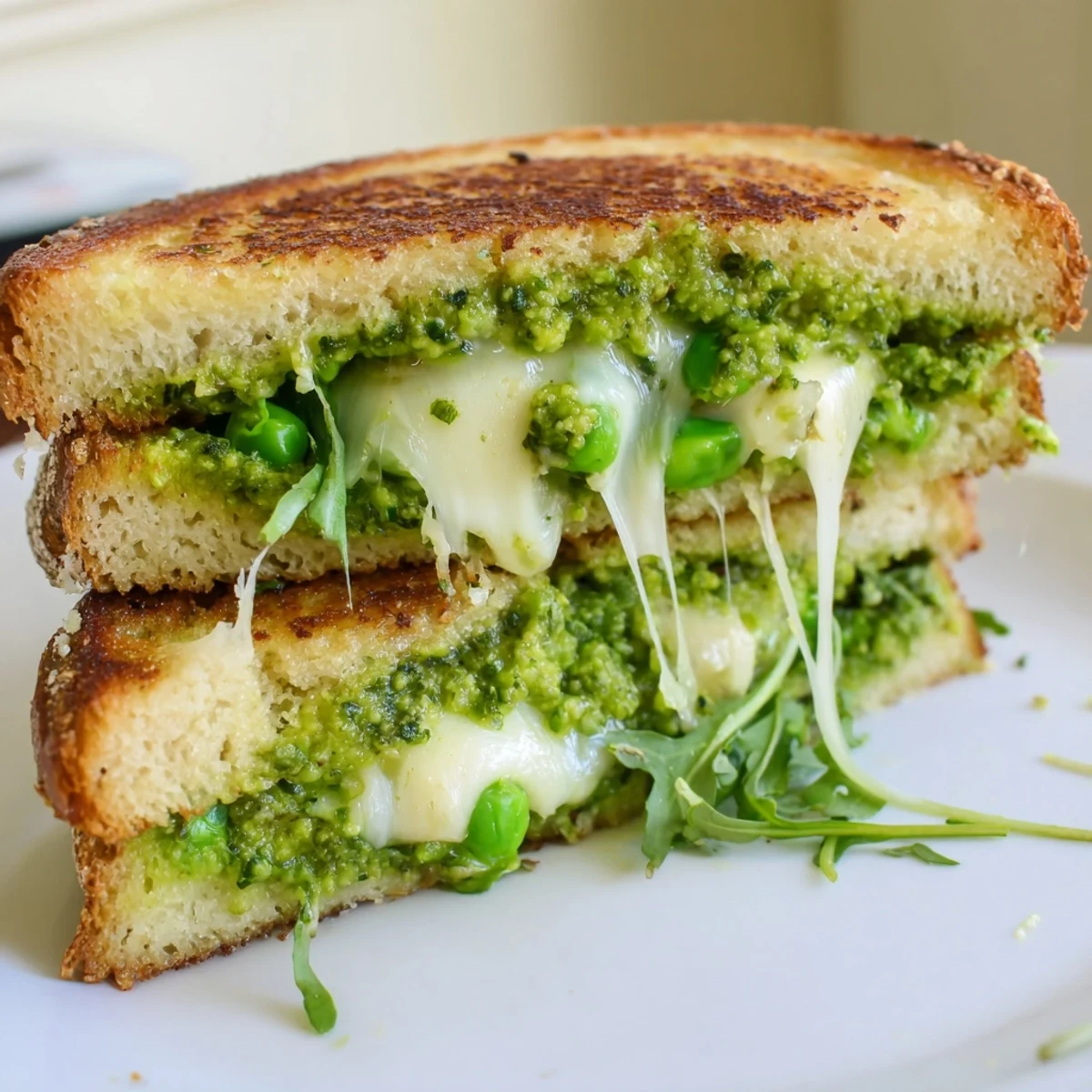A close-up of Spring Pea Pesto Grilled Cheese, featuring bright green pesto spread on crispy sourdough and melted cheese.  