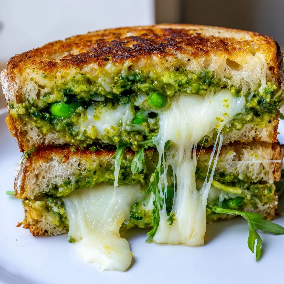Spring Pea Pesto Grilled Cheese served warm beside a small bowl of extra pesto, showcasing fresh basil and pea ingredients.
