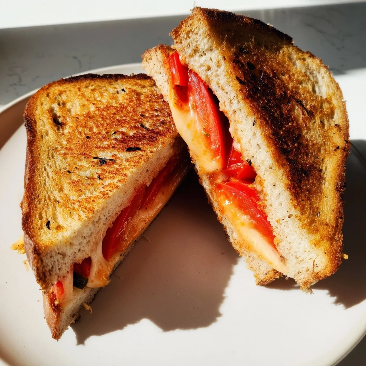Golden brown Pepper Jack & Tomato Grilled Cheese slices oozing melted cheese, served beside a steaming bowl of tomato soup.