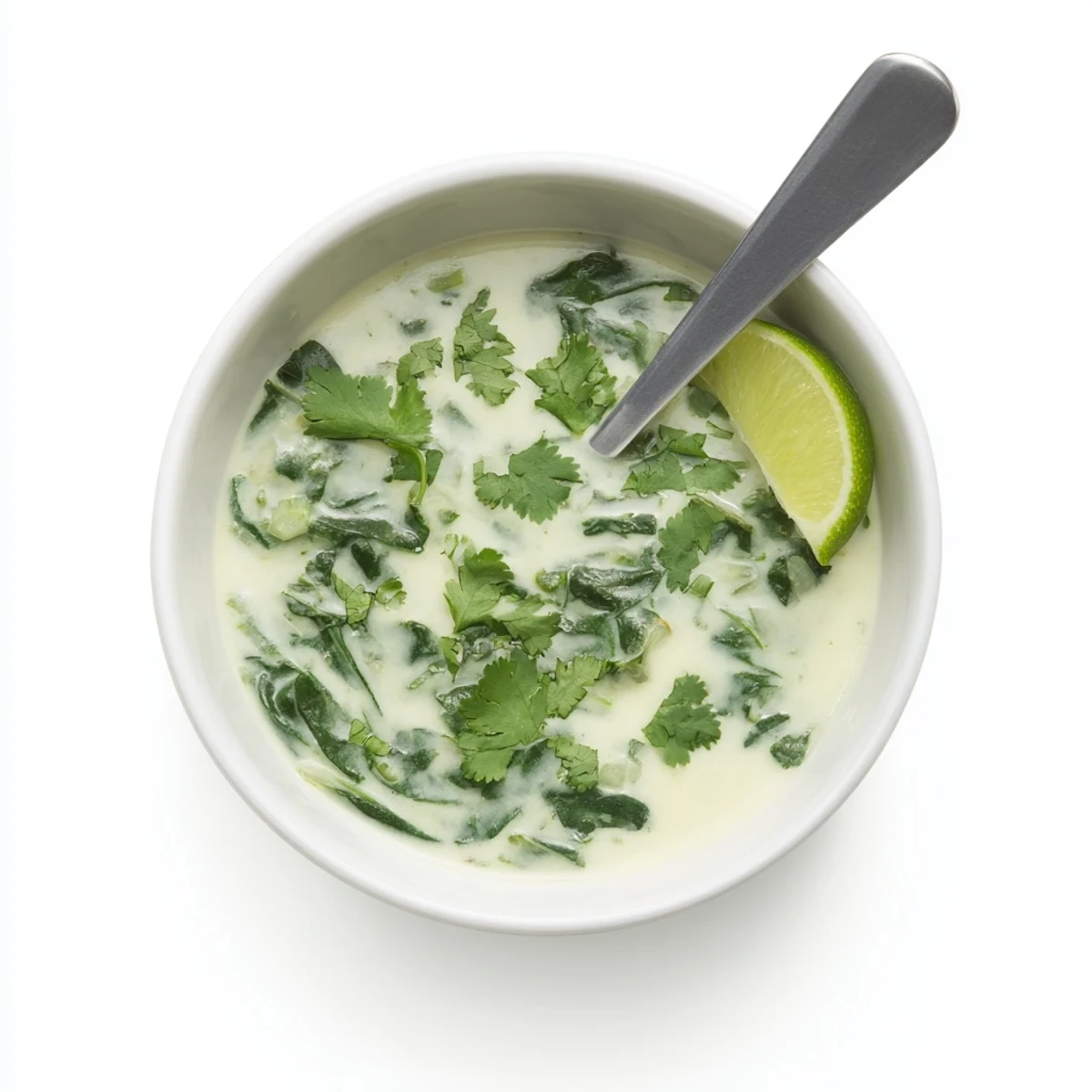 Steaming bowl of vegan Spinach Coriander Lemongrass Soup with coconut milk, served alongside crusty artisan bread.