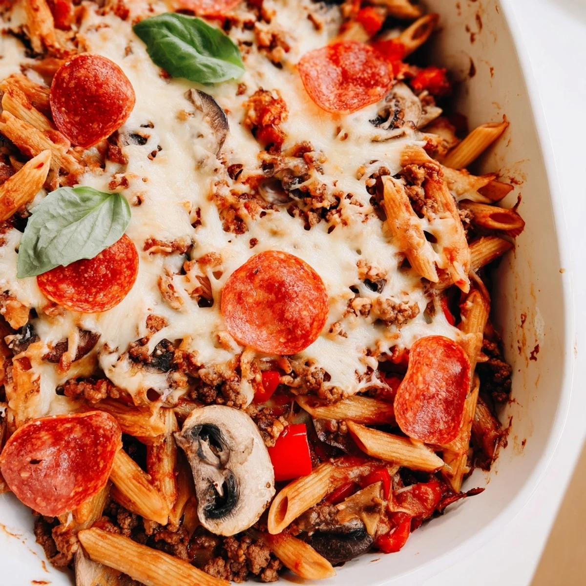 Golden-brown, melted mozzarella and Parmesan cheese bubbling over a hearty Italian beef and whole wheat pasta bake in a glass baking dish.